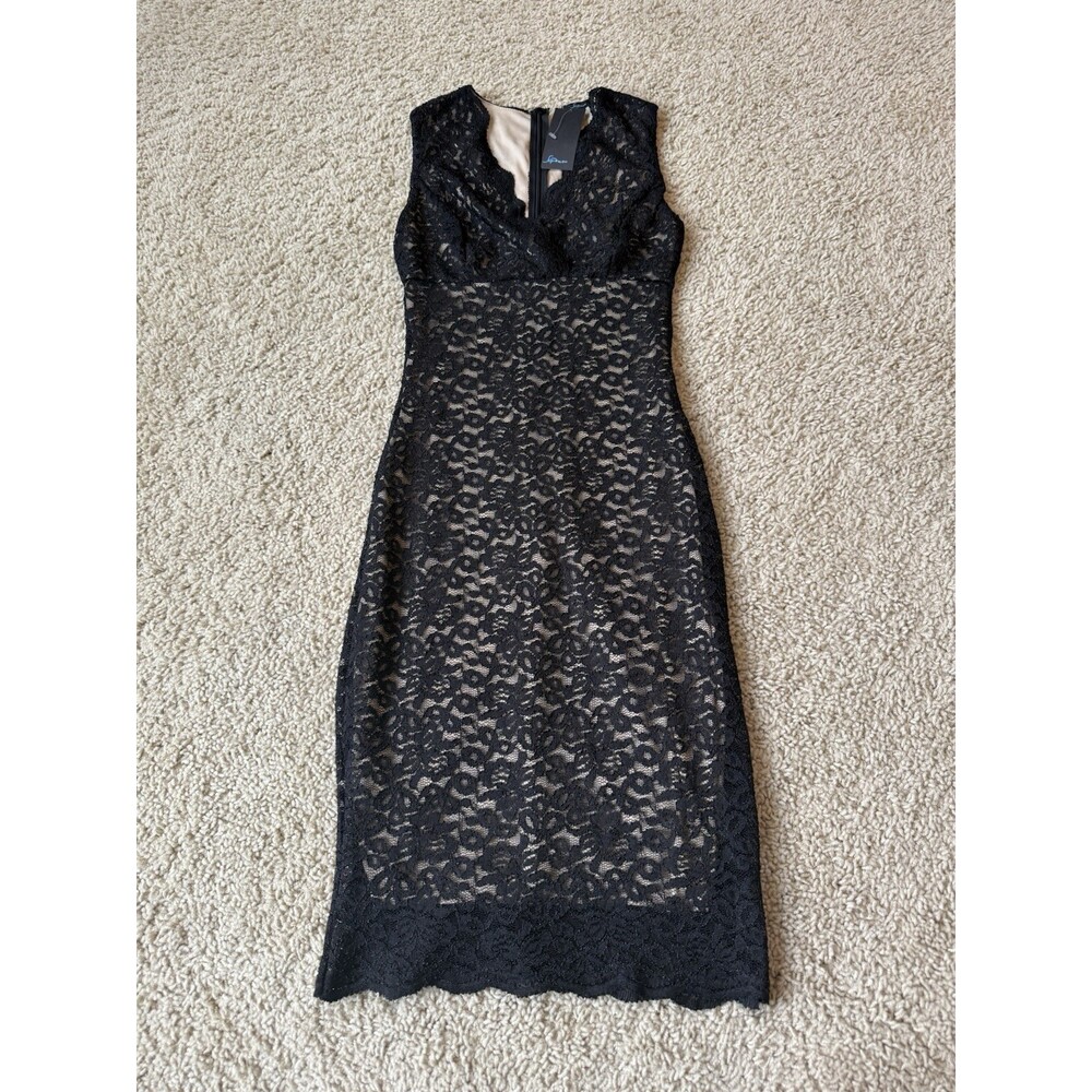 Soprano Black Lace Nude Lined Midi Dress XS Cocktail Little Black Dress Dance